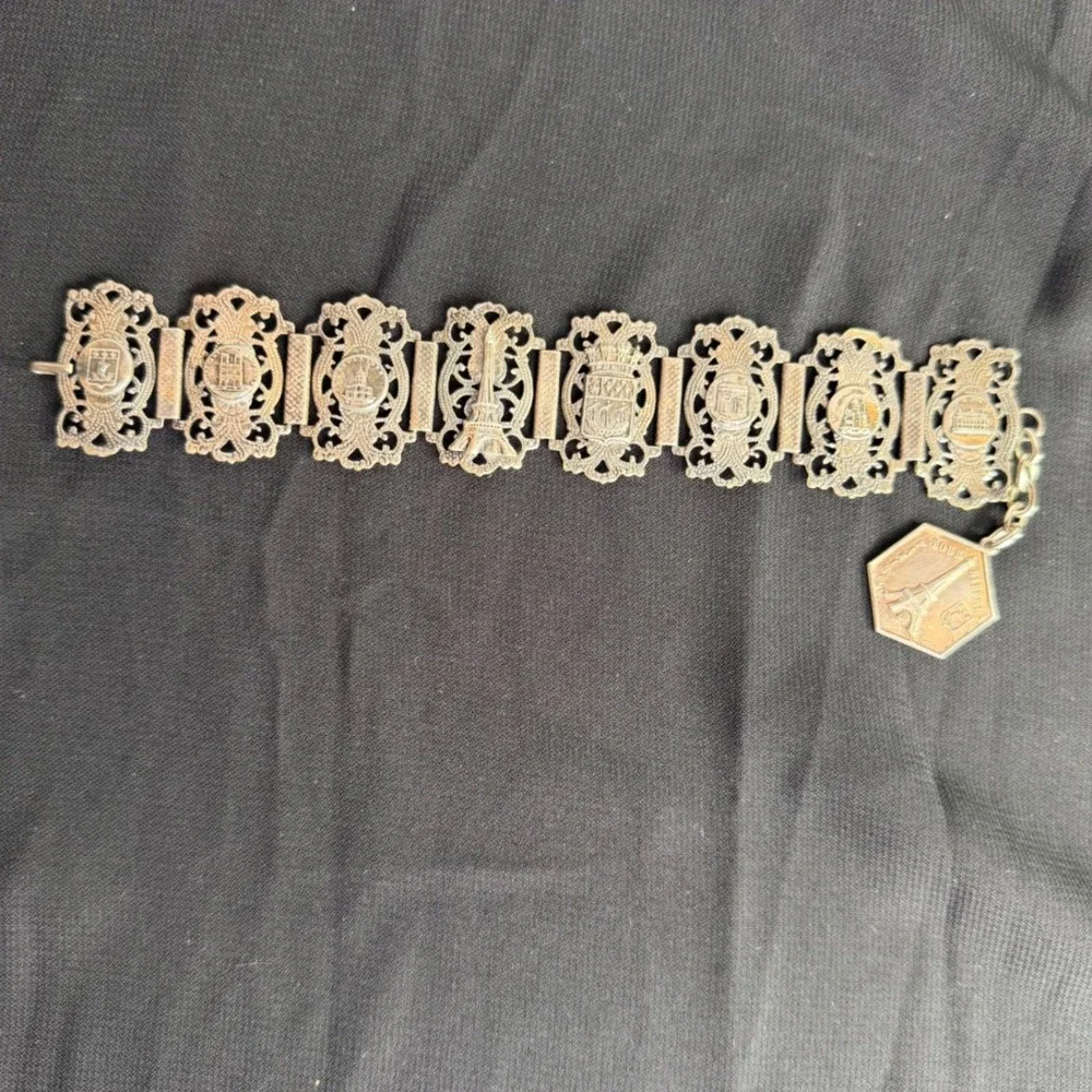 Vintage Paris France Souvenir Panel Bracelet Eiffel Tower Notre Dame Silver Tone